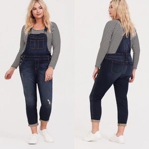 TORRID dark wash distressed overalls size 16